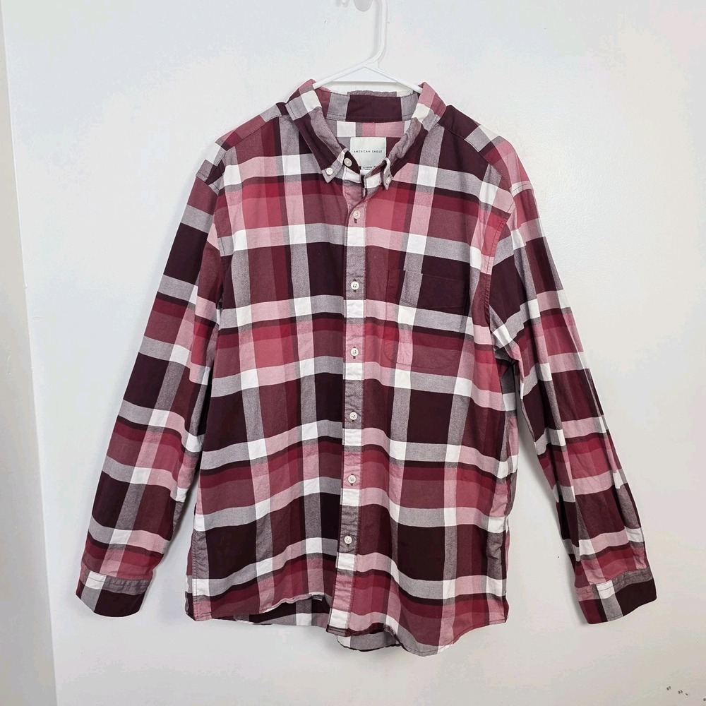 American Eagle Red White Gingham Long Sleeve Button Up Classic Shirt Size XL